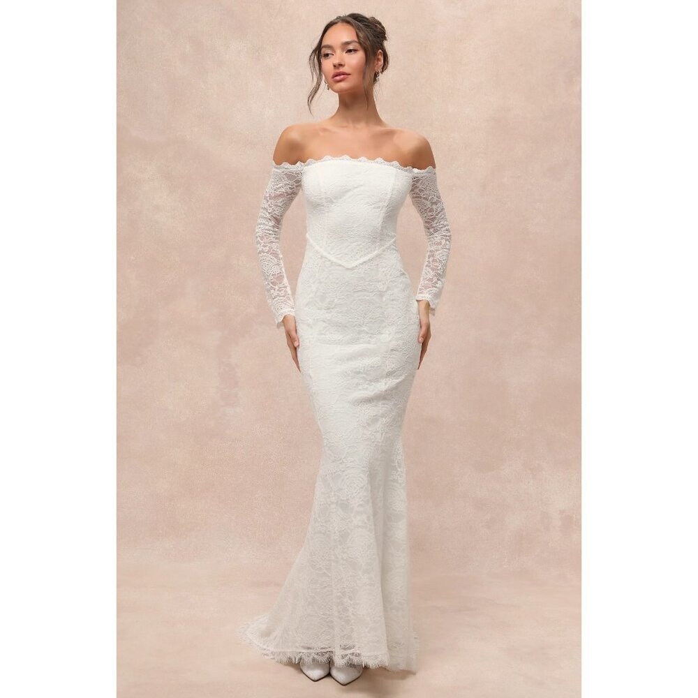 Lulu's Women's Beloved Promise Lace Off-the-Shoulder Mermaid Dress Ivory Size S